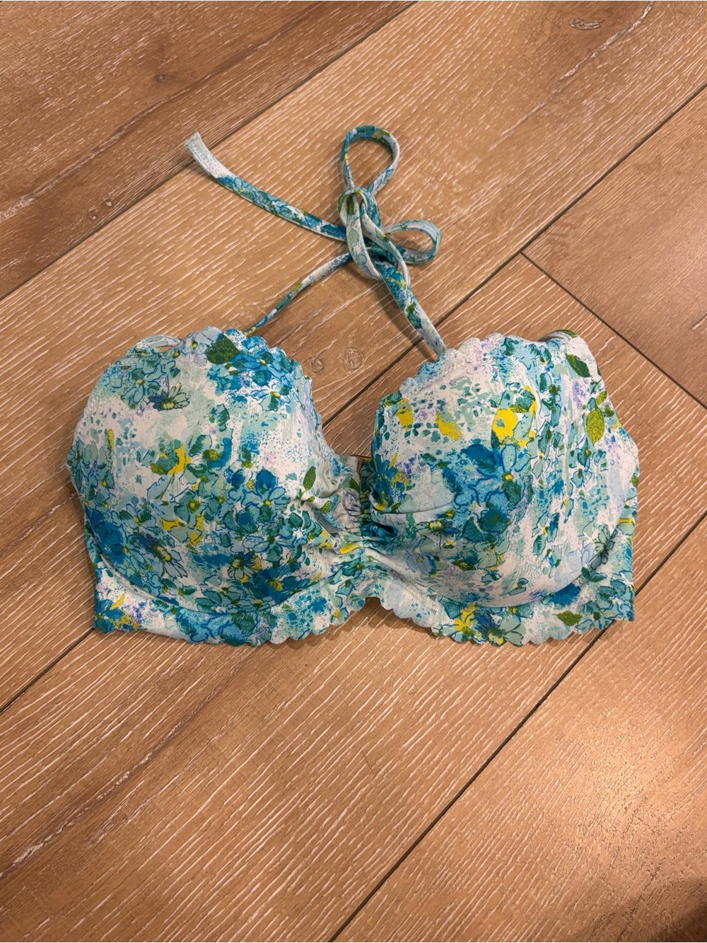 Victoria’s Secret Floral Bandeau Bikini Top 34D Blue Ruffle Swim Top Halter - Picture 2 of 6